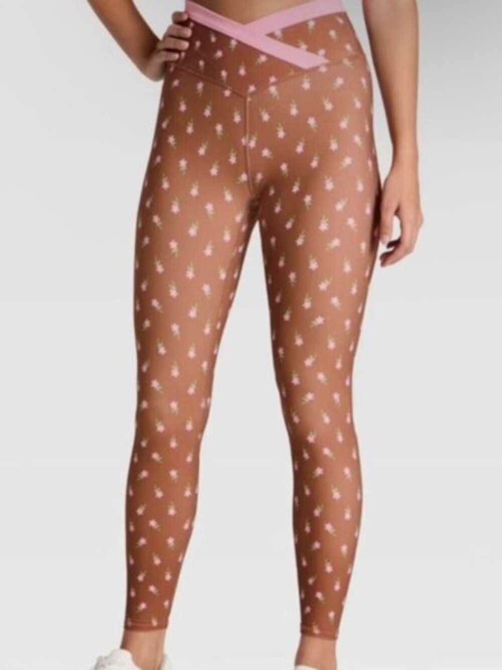 JoyLab Brown Leggings with Pink Floral Print.